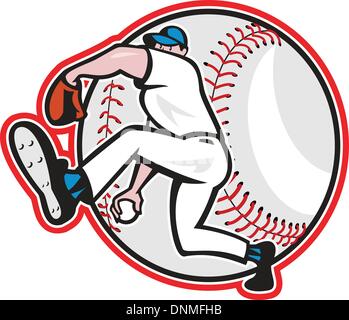 Illustration of an american baseball player pitcher outfielder throwing ball isolated on white background done in cartoon style. Stock Vector