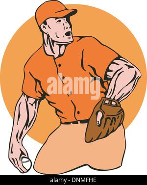 Illustration of a american baseball player pitcher throwing ball side view isolated on white background. Stock Vector