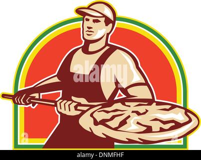 Illustration of a baker holding a peel with pizza pie done in retro style on isolated white background. Stock Vector