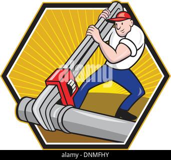 Cartoon illustration of a plumber worker repairman tradesman with adjustable monkey wrench repairing pipeline tubing pipes set inside hexagon. Stock Vector