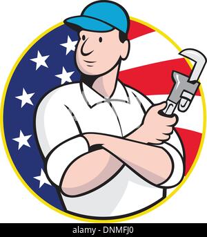 Cartoon illustration of an American plumber worker repairman tradesman with adjustable monkey wrench set inside circle with stars and stripes flag. Stock Vector