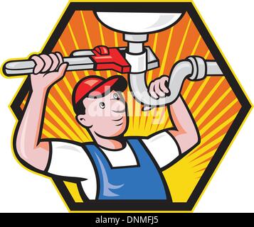 Cartoon illustration of a plumber worker repairman tradesman with adjustable monkey wrench repairing bathroom sink set inside hexagon. Stock Vector