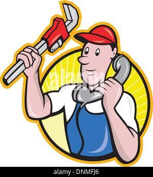 Cartoon illustration of a plumber worker repairman tradesman with adjustable monkey wrench talking on telephone phone set inside circle. Stock Vector