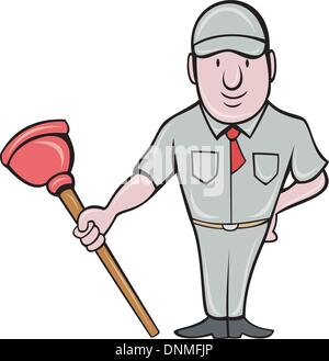 illustration of a plumber with plunger standing front  done in cartoon style on isolated background Stock Vector