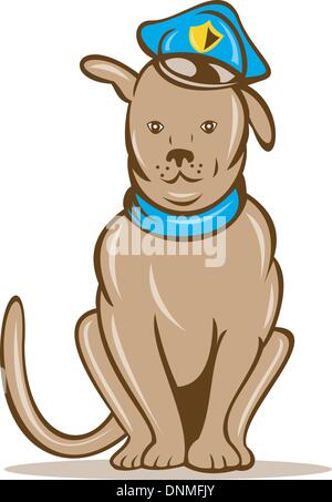 illustration of a Cartoon police dog with cap sitting front view Stock Vector