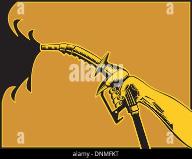 Illustration of hand holding a gas gasoline fuel pump station nozzle done in retro style. Stock Vector