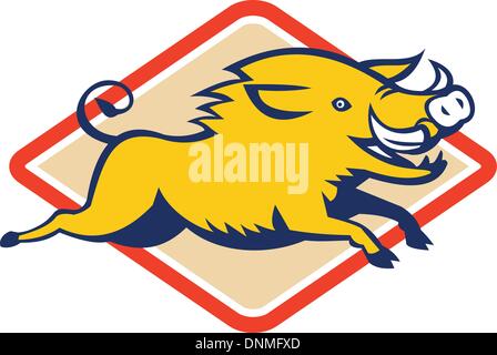 Illustration of a wild pig boar razorback jumping set inside diamond shape on isolated background. Stock Vector