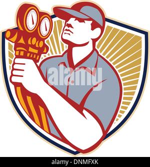 Illustration of a refrigeration and air conditioning mechanic holding a pressure temperature gauge front view set inside shield Stock Vector