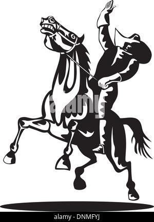 Illustration of rodeo cowboy riding bucking horse bronco on isolated white background Stock Vector