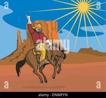 Illustration of rodeo cowboy with gloves riding horse done in retro style. Stock Vector