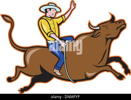 Illustration of rodeo cowboy riding bucking bull on isolated white background Stock Vector