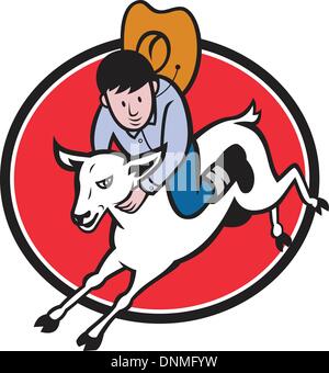 Illustration of junior rodeo cowboy riding sheep set inside oval on isolated white background Stock Vector