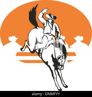 Illustration of rodeo cowboy riding bucking horse bronco on isolated white background Stock Vector