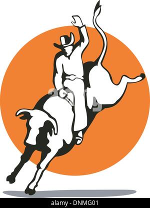 Illustration of rodeo cowboy riding bucking bull on isolated white background Stock Vector