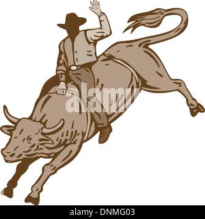 Illustration of rodeo cowboy riding bucking bull on isolated white background. Stock Vector