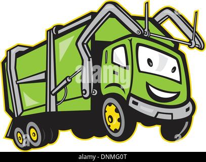 Illustration of garbage rubbish truck done in cartoon style on isolated white background. Stock Vector