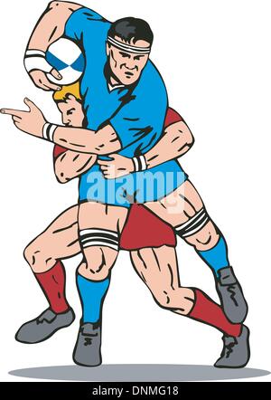 Illustration of a rugby lock being tackled from behind done in retro style. Stock Vector