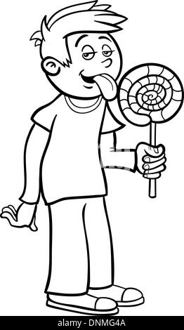 Black and White Cartoon Illustration of Cute Boy with Big Lollipop for Coloring Book Stock Vector