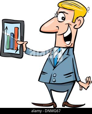 cartoon illustration of happy businessman with chart on tablet Stock Vector