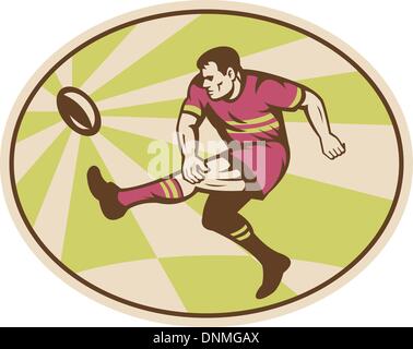 illustration of a rugby player kicking the ball set inside ellipse done in retro style Stock Vector