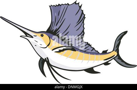 Illustration of a sailfish fish jumping on white background done in retro style. Stock Vector