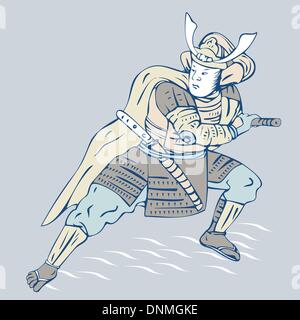 illustration of samurai warrior with sword in fighting stance facing ...