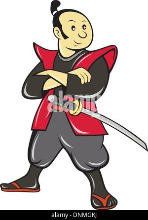 illustration of a Japanese samurai warrior with sword done in cartoon style on isolated white background. Stock Vector