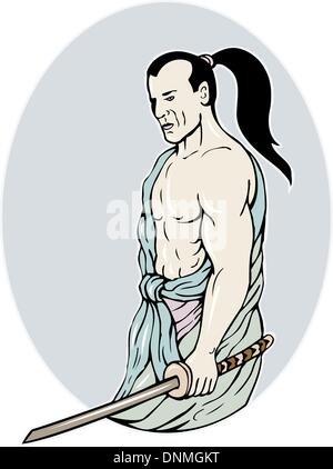 illustration of a Samurai warrior with katana sword in fighting stance done in cartoon style Stock Vector