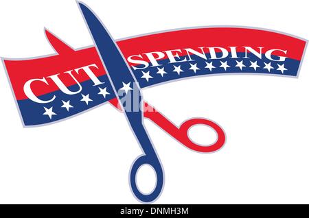Illustration of a pair of scissors cutting red and blue ribbon tape bill with stars on isolated white background. Stock Vector