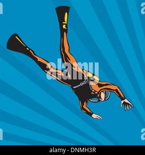 Illustration of a scuba diver diving down swimming done in retro style. Stock Vector