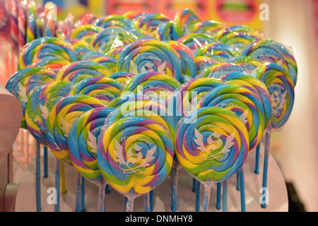 Interior of IT'SUGAR candy store on Broadway in Greenwich Village. A display of large lollipops for sale. Stock Photo
