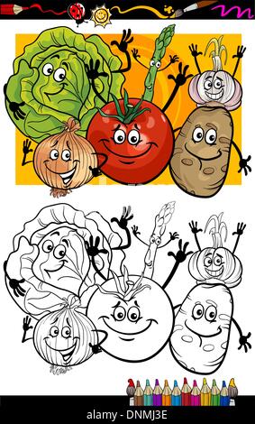 Coloring Book or Page Humor Cartoon Illustration of Comic Vegetables Food Objects Group for Children Education Stock Vector