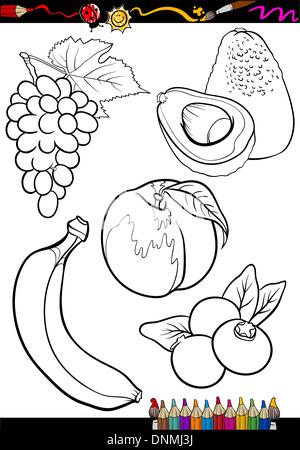 Coloring Book or Page Cartoon Illustration of Black and White Fruits Food Objects Set Stock Vector