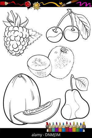 Coloring Book or Page Cartoon Illustration of Different Black and White Fruits Food Objects Set Stock Vector