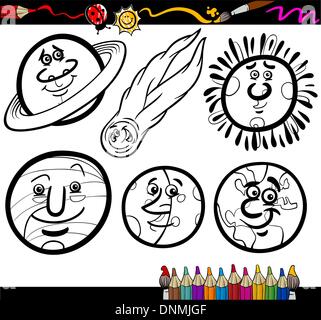 Coloring Book or Page Cartoon Illustration of Black and White Planets and Orbs Comic Characters Set for Children Education Stock Vector