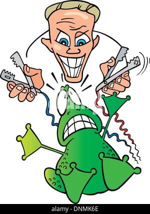Illustration of crazy scientist and frightened frog Stock Vector