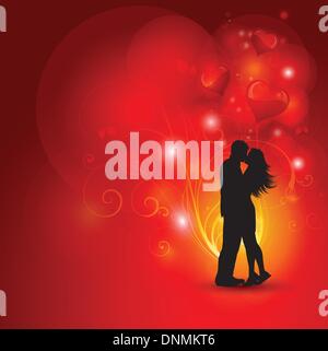 Silhouette of a loving couple on a decorative hearts background Stock Vector