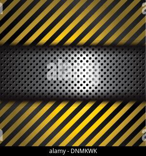 Perforated metal background with yellow and black warning stripes Stock Vector