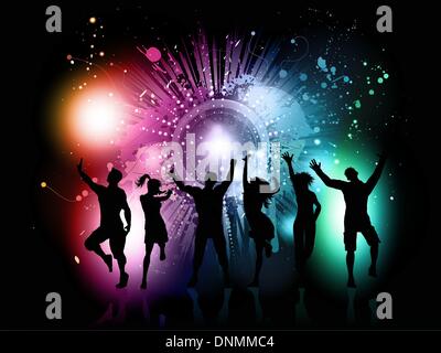 Silhouettes of people dancing on a colourful grunge background Stock Vector
