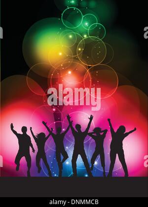 Silhouettes of people dancing on a colourful bokeh lights background Stock Vector