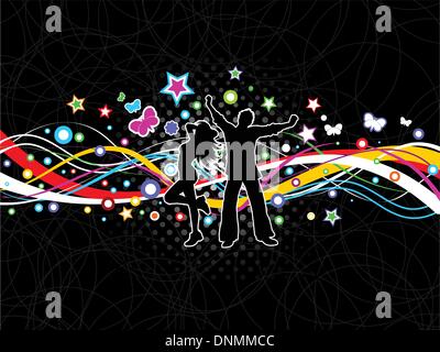 Silhouettes of people dancing on a colourful abstract background Stock Vector