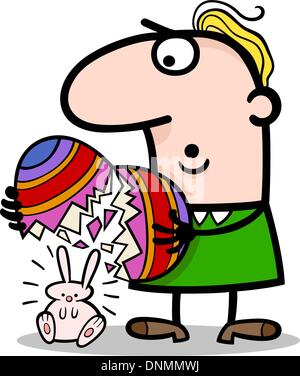 Cartoon Illustration of Surprised Man with Easter Bunny Hatched from Colored Egg Stock Vector
