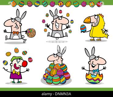 Cartoon Illustration of Happy Men Easter Themes with Bunny, Chicken or Chick and Colored Eggs Stock Vector
