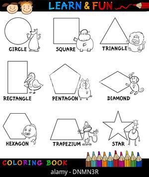 Cartoon Coloring Book or Page Illustration of Basic Geometric Shapes with Captions and Animals Comic Characters for Children Edu Stock Vector