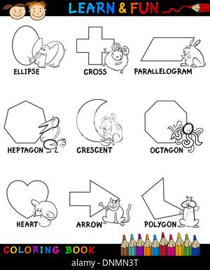 Cartoon Coloring Book or Page Illustration of Basic Geometric Shapes with Captions and Animals Comic Characters for Children Edu Stock Vector