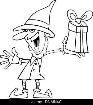 Cartoon Illustration of Christmas Elf with Gift for Coloring Book or Page Stock Vector