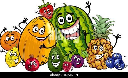 Cartoon Illustration of Funny Fruits Food Characters Big Group Stock Vector