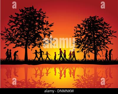 Silhouettes of people walking in the countryside Stock Vector