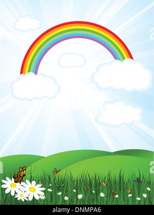 Sunny landscape with rainbow sky and butterflies Stock Vector