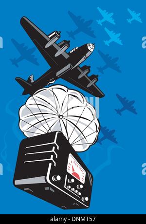 illustration of a world war two bomber dropping vintage radio on parachute done in retro style Stock Vector